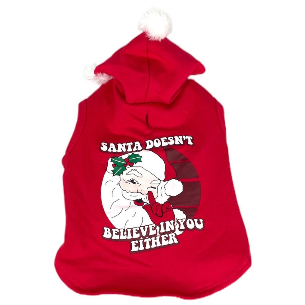 SimplyDog Santa Doesn’t Believe in you Either Hooded Dog Sweatshirt, Red